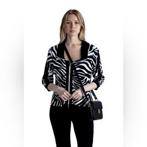 Joseph Ribkoff zebra stripe top/jacket w waist ruching &  stiff collar